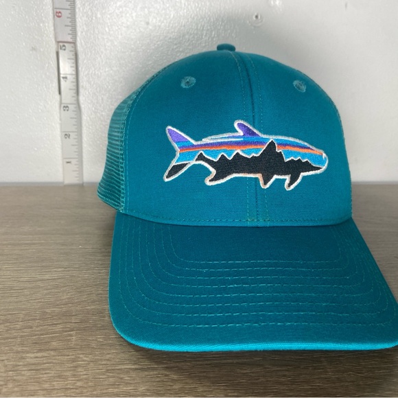 Patagonia Fitz Roy Trout Logo Trucker Hat Mens Snapback Mesh Cap Teal Adjustable - Picture 9 of 16